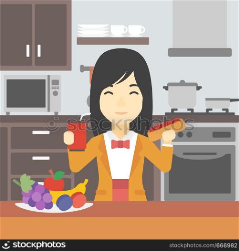 An asian woman eating fast food. Woman holding fast food in hands in the kitchen. Woman choosing between fast food and healthy food. Vector flat design illustration. Square layout.. Woman eating fast food vector illustration.