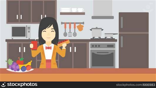An asian woman eating fast food. Woman holding fast food in hands in the kitchen. Woman choosing between fast food and healthy food. Vector flat design illustration. Horizontal layout.. Woman eating fast food vector illustration.