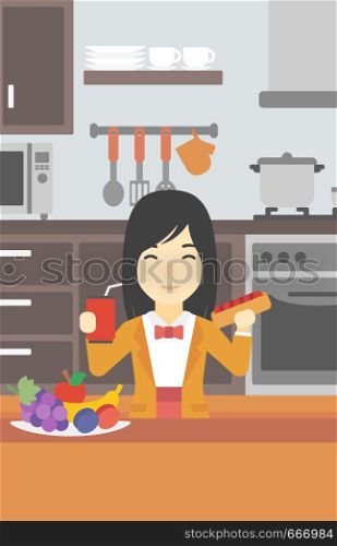 An asian woman eating fast food. Woman holding fast food in hands in the kitchen. Woman choosing between fast food and healthy food. Vector flat design illustration. Vertical layout.. Woman eating fast food vector illustration.