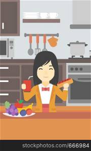 An asian woman eating fast food. Woman holding fast food in hands in the kitchen. Woman choosing between fast food and healthy food. Vector flat design illustration. Vertical layout.. Woman eating fast food vector illustration.