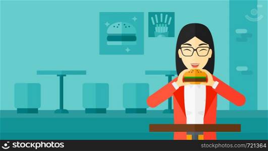 An asian woman eating hamburger on a cafe background vector flat design illustration. Horizontal layout.. Woman eating hamburger.