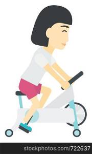 An asian woman exercising on a elliptical machine vector flat design illustration isolated on white background. . Woman making exercises.