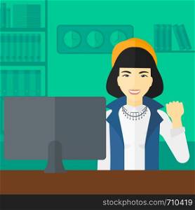 An asian woman expressing great satisfaction while looking at computer monitor on the background of business office vector flat design illustration. Square layout.. Cheerful successful woman.