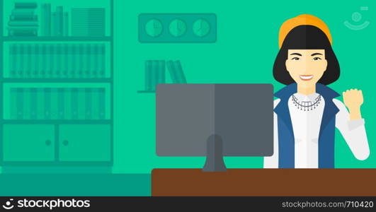 An asian woman expressing great satisfaction while looking at computer monitor on the background of business office vector flat design illustration. Horizontal layout.. Cheerful successful woman.