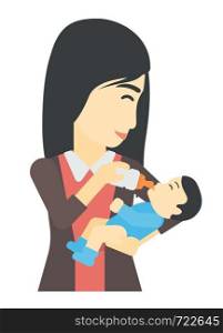 An asian woman feeding a little baby with a milk bottle vector flat design illustration isolated on white background. . Woman feeding baby.