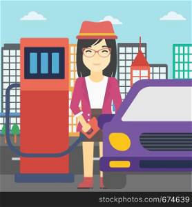 An asian woman filling up fuel into the car. Woman standing at the gas station and refueling a car. Vector flat design illustration. Square layout.. Worker filling up fuel into car.