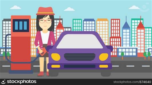An asian woman filling up fuel into the car. Woman standing at the gas station and refueling a car. Vector flat design illustration. Horizontal layout.. Worker filling up fuel into car.