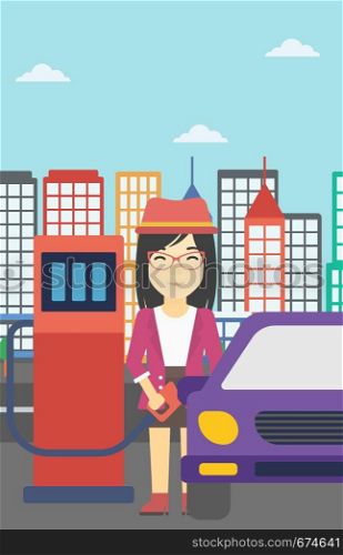 An asian woman filling up fuel into the car. Woman standing at the gas station and refueling a car. Vector flat design illustration. Vertical layout.. Worker filling up fuel into car.
