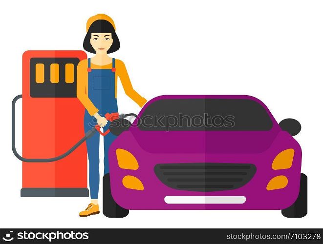 An asian woman filling up fuel into the car vector flat design illustration isolated on white background. . Woman filling up fuel into car.