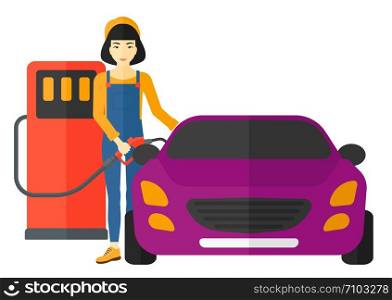 An asian woman filling up fuel into the car vector flat design illustration isolated on white background. . Woman filling up fuel into car.