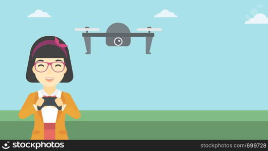 An asian woman flying drone with remote control. Happy woman operating a drone with remote control. Woman controling a drone. Vector flat design illustration. Horizontal layout.. Woman flying drone vector illustration.