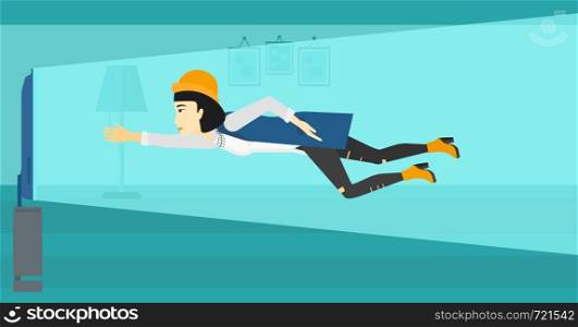 An asian woman flying in front of TV screen in living room vector flat design illustration. Horizontal layout.. Woman suffering from TV addiction.