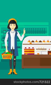 An asian woman holding a basket full of healthy food and refusing junk food on a supermarket background vector flat design illustration. Vertical layout.. Woman holding supermarket basket.