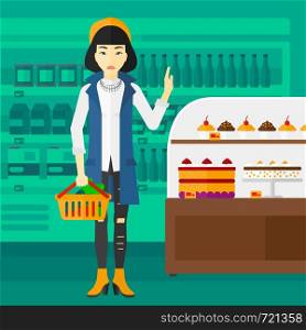 An asian woman holding a basket full of healthy food and refusing junk food on a supermarket background vector flat design illustration. Square layout.. Woman holding supermarket basket.