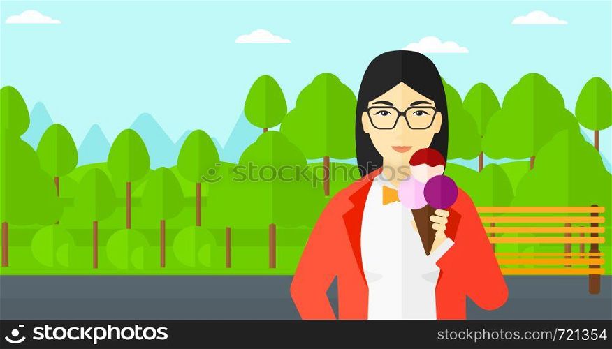 An asian woman holding a big icecream in hand on a park background vector flat design illustration. Horizontal layout.. Woman holding icecream.