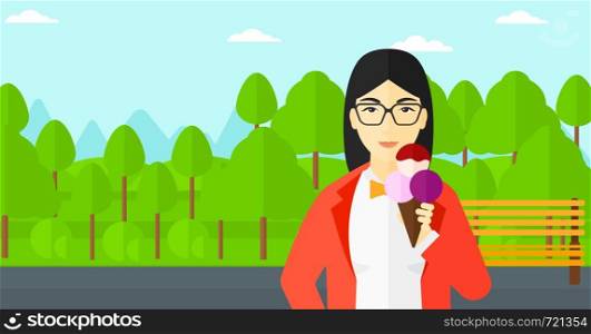 An asian woman holding a big icecream in hand on a park background vector flat design illustration. Horizontal layout.. Woman holding icecream.
