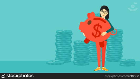 An asian woman holding a big piggy bank in hands on a blue background vector flat design illustration. Horizontal layout.. Woman carrying piggy bank.