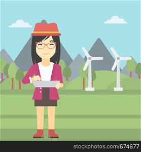 An asian woman holding a laptop hands on a background with solar pannels and wind turbins. Woman working on computer. Vector flat design illustration. Square layout.. Woman working on laptop vector illustration.