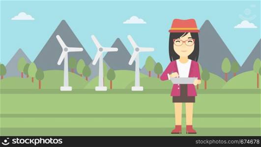 An asian woman holding a laptop hands on a background with solar pannels and wind turbins. Woman working on computer. Vector flat design illustration. Horizontal layout.. Woman working on laptop vector illustration.