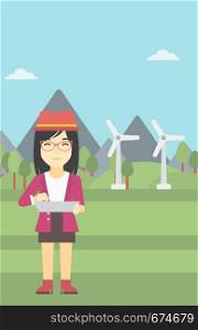 An asian woman holding a laptop hands on a background with solar pannels and wind turbins. Woman working on computer. Vector flat design illustration. Vertical layout.. Woman working on laptop vector illustration.
