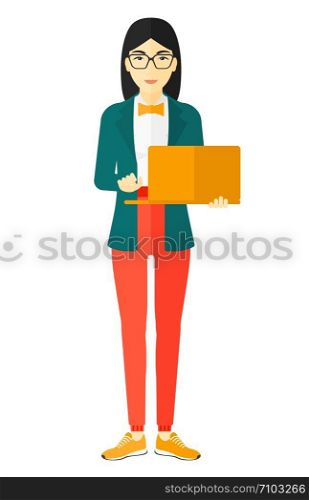 An asian woman holding a laptop in hands vector flat design illustration isolated on white background. . Woman using laptop.