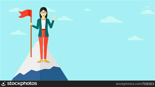 An asian woman holding a red flag on the top of the mountain on the background of blue sky vector flat design illustration. Horizontal layout.. Cheerful leader woman.