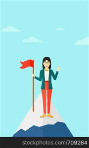 An asian woman holding a red flag on the top of the mountain on the background of blue sky vector flat design illustration. Vertical layout.. Cheerful leader woman.