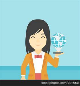 An asian woman holding a smartphone with a model of planet earth above the device. International technology communication concept. Vector flat design illustration. Square layout.. International technology communication.