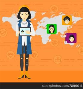 An asian woman holding a tablet computer and avatars on the map behind her on an orange background with business icons vector flat design illustration. Square layout.. Woman holding tablet computer with social media source.