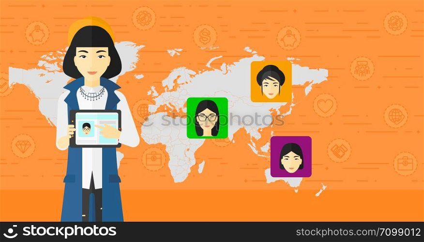 An asian woman holding a tablet computer and avatars on the map behind her on an orange background with business icons vector flat design illustration. Horizontal layout.. Woman holding tablet computer with social media source.