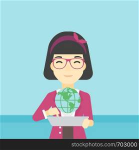 An asian woman holding a tablet computer with a model of planet earth above the device. International technology communication concept. Vector flat design illustration. Square layout.. International technology communication.