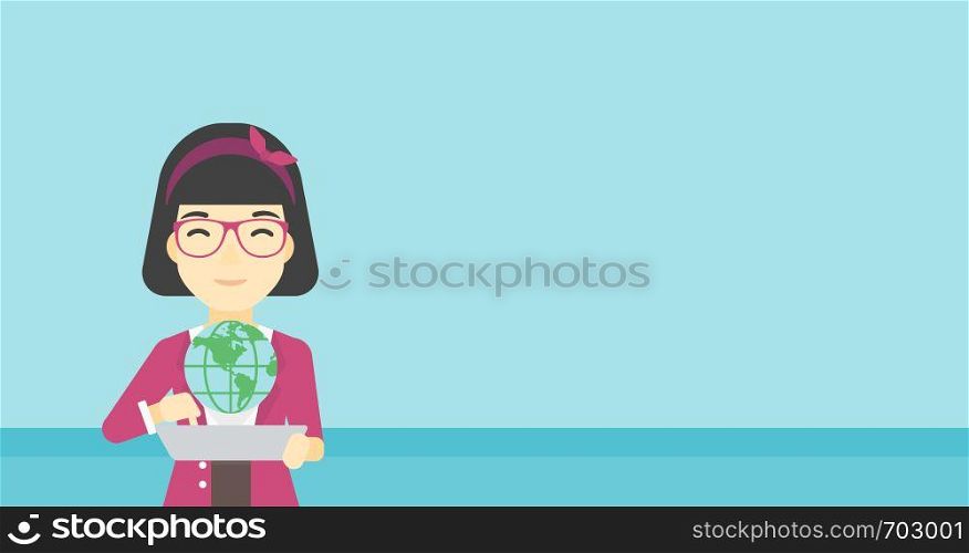 An asian woman holding a tablet computer with a model of planet earth above the device. International technology communication concept. Vector flat design illustration. Horizontal layout.. International technology communication.