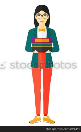 An asian woman holding pile of books vector flat design illustration isolated on white background.. Woman holding pile of books.