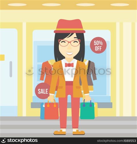 An asian woman holding shopping bags on the background of boutique window with dressed mannequins. Happy young woman carrying shopping bags. Vector flat design illustration. Square layout.. Happy woman with bags vector illustration.