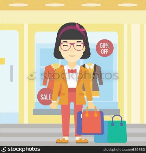 An asian woman holding shopping bags on the background of boutique window with dressed mannequins. Happy young woman carrying shopping bags. Vector flat design illustration. Square layout.. Happy woman with bags vector illustration.