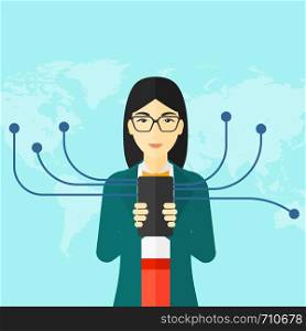 An asian woman holding smartphone connected with the whole world on a blue background vector flat design illustration. Square layout.. Woman using smartphone.