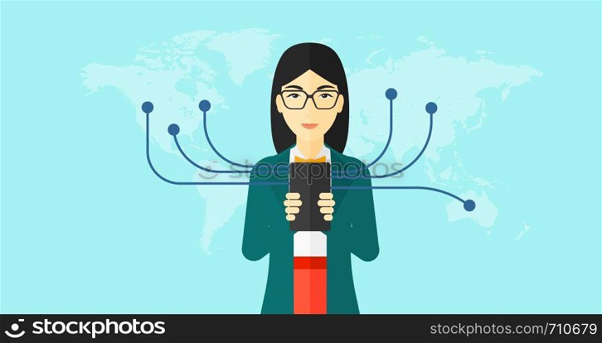 An asian woman holding smartphone connected with the whole world on a blue background vector flat design illustration. Horizontal layout.. Woman using smartphone.