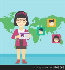 An asian woman holding tablet computer with social network user profile on a screen on a background of map with avatars of social network. Vector flat design illustration. Square layout.. Woman holding tablet with social network.