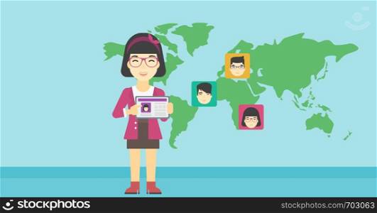 An asian woman holding tablet computer with social network user profile on a screen on a background of map with avatars of social network. Vector flat design illustration. Horizontal layout.. Woman holding tablet with social network.