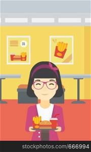 An asian woman holding tray full of junk food on a cafe background. Smiling woman in fast food restaurant. Woman having lunch in fast food restaurant. Vector flat design illustration. Vertical layout.. Woman with tray full of fast food.