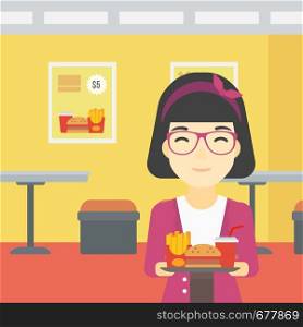 An asian woman holding tray full of junk food on a cafe background. Smiling woman in fast food restaurant. Woman having lunch in fast food restaurant. Vector flat design illustration. Square layout.. Woman with tray full of fast food.