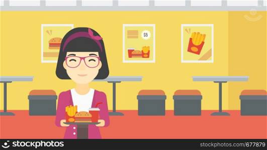 An asian woman holding tray full of junk food on a cafe background. Smiling woman in fast food restaurant. Woman having lunch in fast food restaurant. Vector flat design illustration. Horizontal layout.. Woman with tray full of fast food.