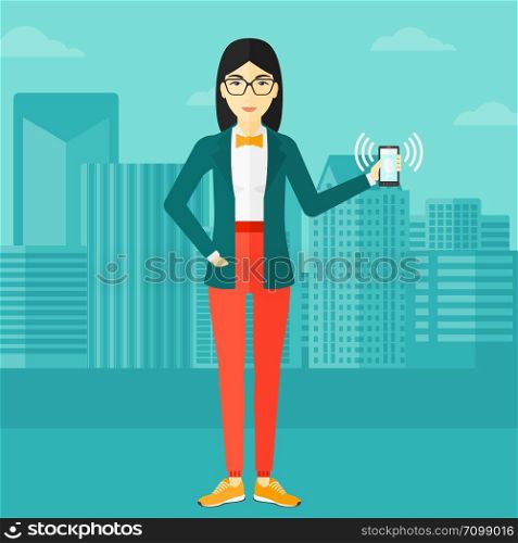 An asian woman holding vibrating smartphone on a city background vector flat design illustration. Square layout.. Woman holding ringing telephone.