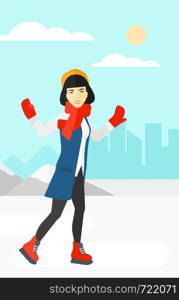 An asian woman ice skating on frozen lake on a city background vector flat design illustration. Vertical layout.. Woman ice skating.