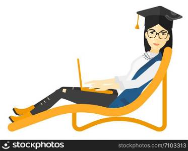 An asian woman in graduation cap lying in chaise long with laptop vector flat design illustration isolated on white background.. Graduate lying in chaise lounge with laptop.