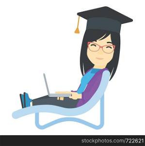 An asian woman in graduation cap lying in chaise long with laptop vector flat design illustration isolated on white background. . Graduate lying in chaise lounge with laptop.
