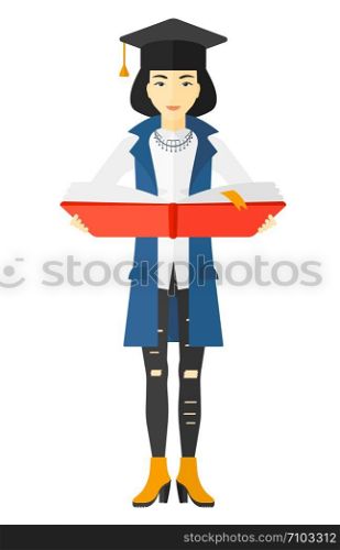 An asian woman in graduation cap with an open book in hands vector flat design illustration isolated on white background. . Woman in graduation cap holding book.
