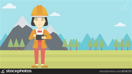An asian woman in hardhat holding a tablet computer in hands on the background of mountain landscape. Woman working on digital tablet. Vector flat design illustration. Horizontal layout.. Woman holding tablet computer vector illustration.