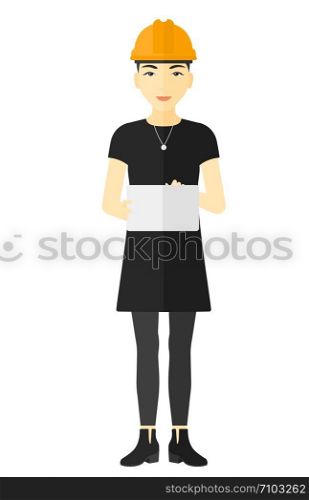 An asian woman in hardhat holding a tablet computer in hands vector flat design illustration isolated on white background. . Woman holding tablet computer.