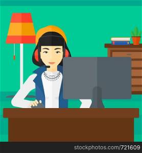 An asian woman in headphones sitting in front of computer monitor with mouse in hand on living room background vector flat design illustration. Square layout.. Woman playing video game.